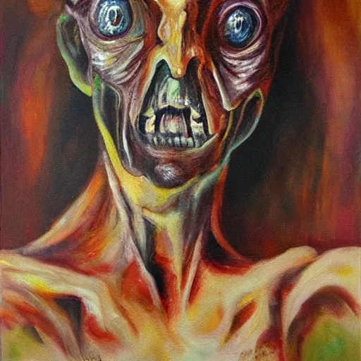 Prompt: humanoid creature, oil painting, horror