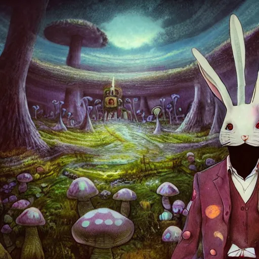 Image similar to 4 k headshot portrait of a psychedelic demonic anthropomorphic bunny rabbit with mushroom themed clothes, magic mushroom village in background. award winning. superb resolution. in the art style of junji ito and greg rutkowski. detailed mushroom city in background. hyper realistic anime. perfect art. dalle 2