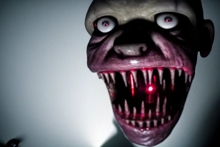 Prompt: A vile creature in the dark is illuminated by a flashlight, scary scene, top horrible creature, horrible, horrors filmed on camera, teeth fangs and drool, jaw and tongue, man is terrified, fear, scream, terror, darkness, basement, 8k, hyper-realistic, ray tracing, night, flashlight