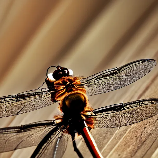 Image similar to wildlife photography of a weaopnised mechanical dragonfly, macro photography