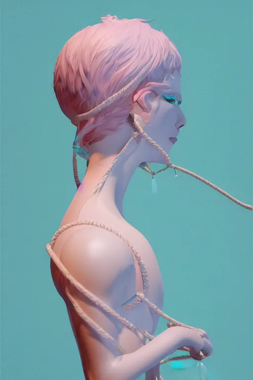 Image similar to an epic non - binary model, subject made of white mesh rope, with cerulean oozing bubbles bursting out, delicate, beautiful, intricate, with pastel pink highlights, melting, houdini sidefx, by jeremy mann and ilya kuvshinov, jamie hewlett and ayami kojima, trending on artstation, bold 3 d