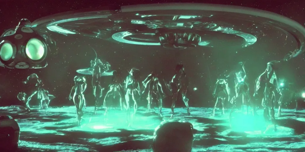 Image similar to a hidden camera shot of aliens having a party in a ufo, cinematic masterpiece, beautiful lighting