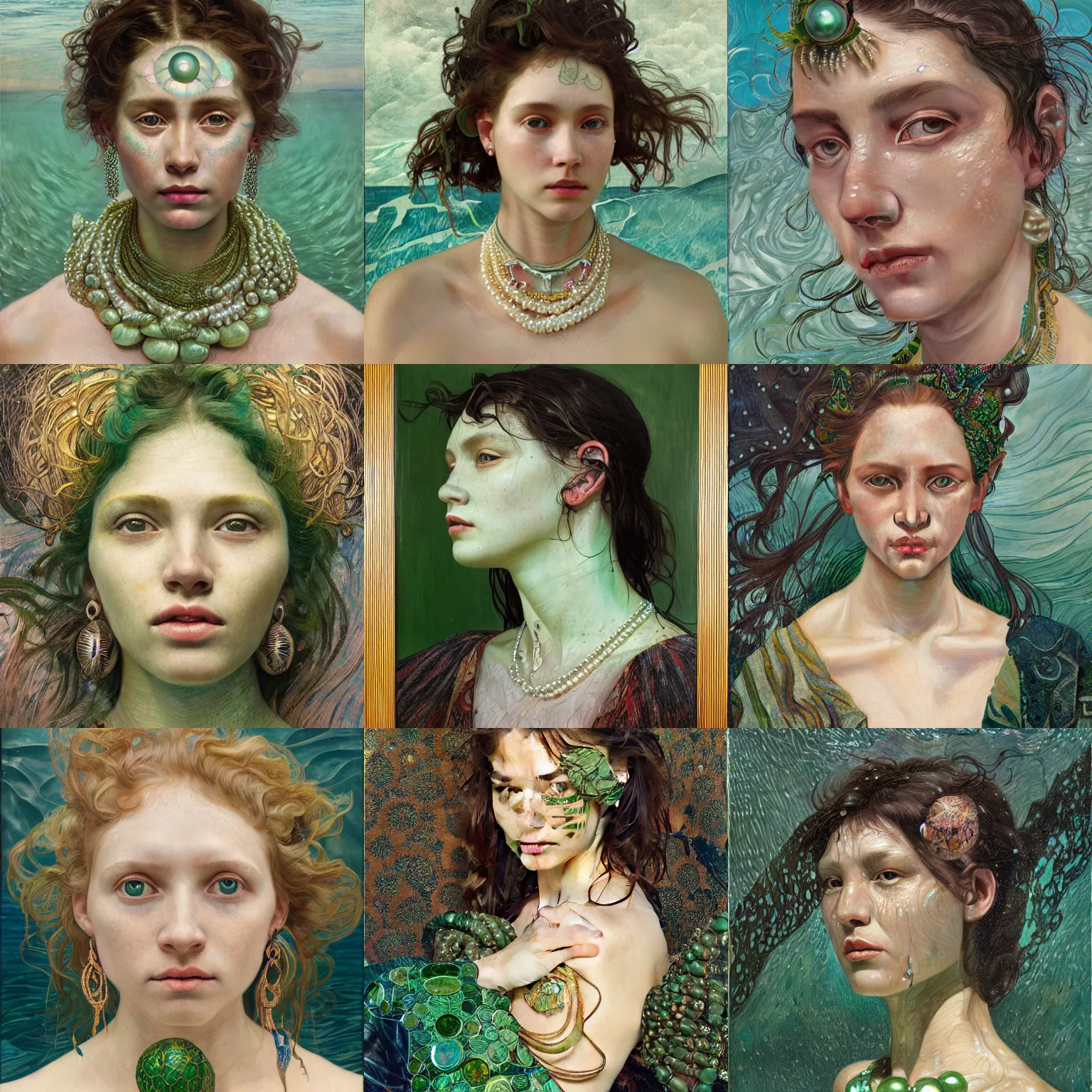 Prompt: hyperrealist portrait, half body pearl skin, tribal green jewelry submerge in a ocean waves at night, wet by lucian freud and victo ngai and alphonse mucha very detailed faces