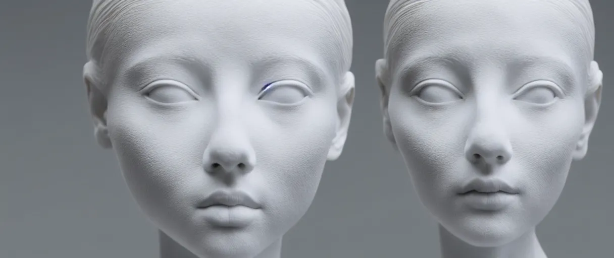 Image similar to symmetry!! full head and shoulders, beautiful female porcelain sculpture by daniel arsham and raoul marks, intricate, elegant, highly detailed, digital painting, artstation, concept art, smooth, sharp focus, all white features on a white background, delicate facial features