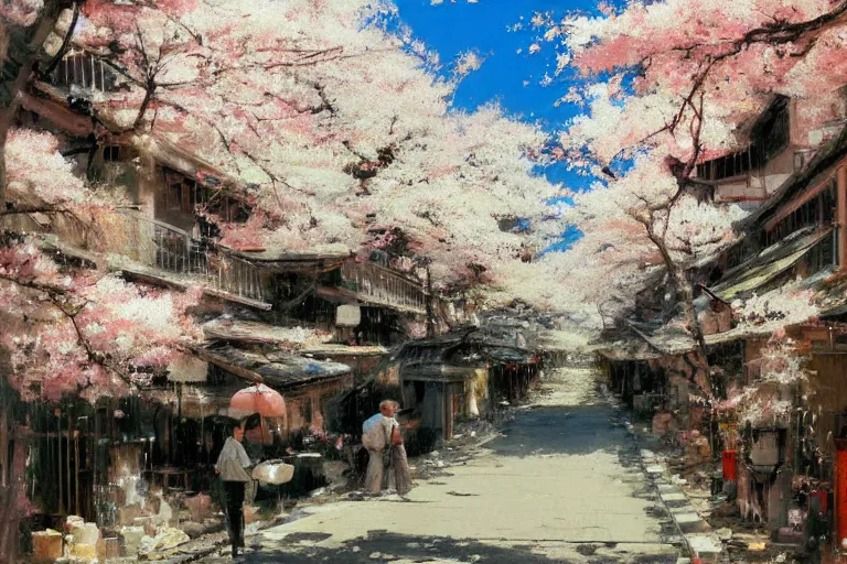 Image similar to beautiful Japanese alleyway with sakura trees by John Berkey, rule of thirds, beautiful, sharp focus