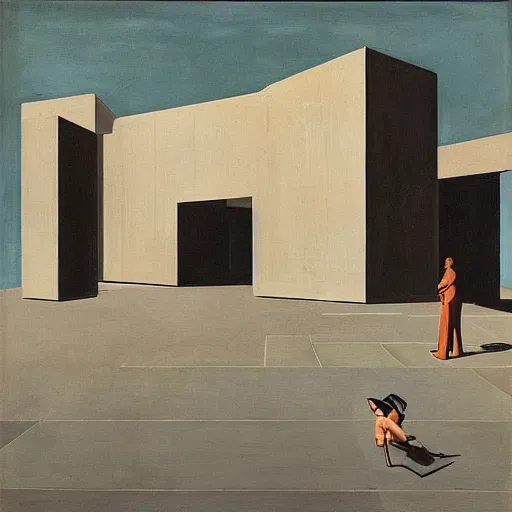 Prompt: a painting by giorgio de chirico and tadao ando of an abstract maximalist sculpture by the caretaker