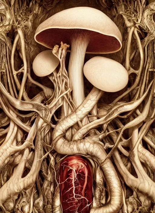 Image similar to magic mushroom with translucent skin, visible muscles and veins and arteries and bones and spines and nerves, beautiful detailed intricate insanely detailed octane render, 8k artistic photography, photorealistic, chiaroscuro, by David Cronenberg, Raphael, Caravaggio