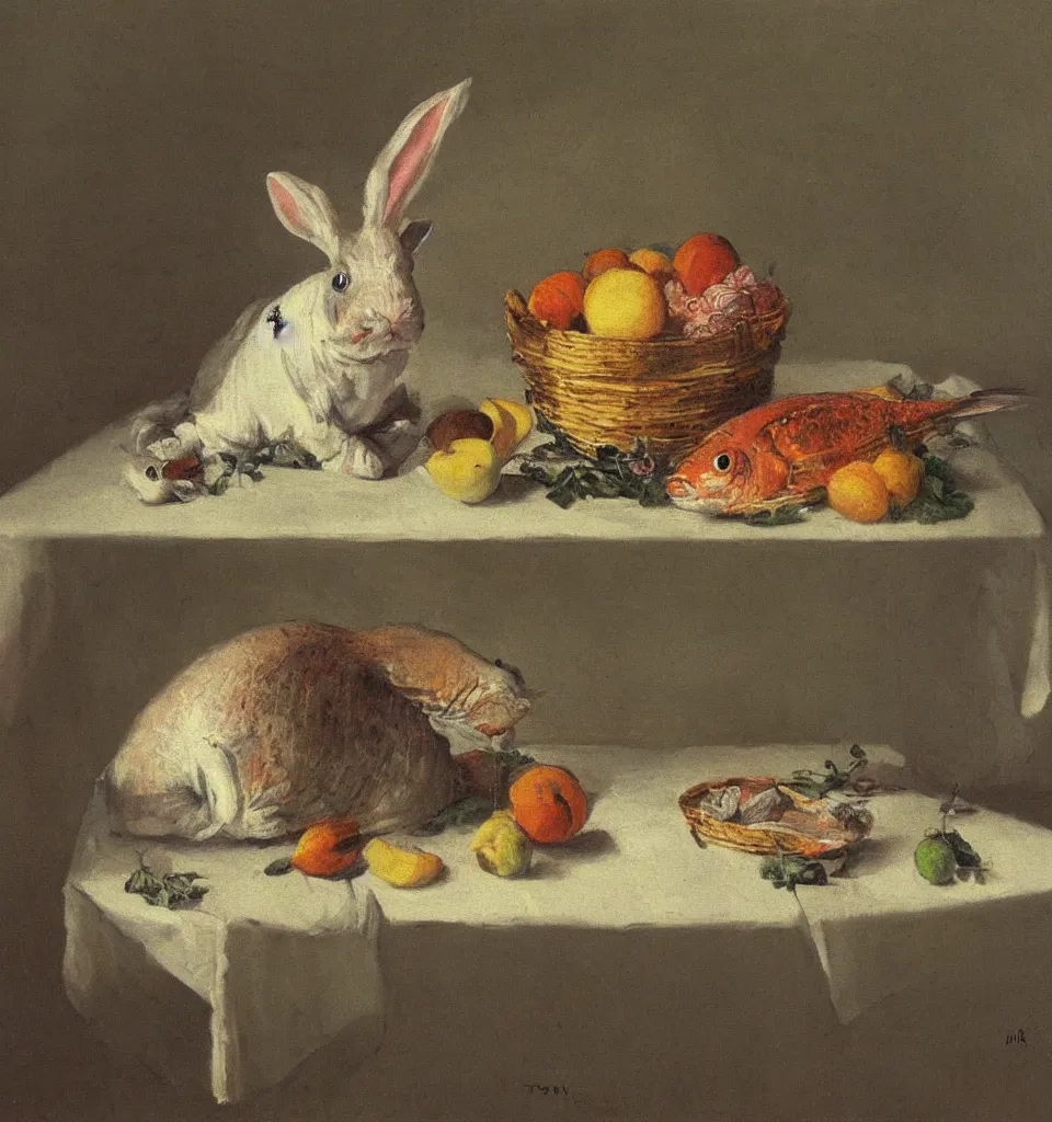 Prompt: still life painting of a fish rabbit on a white table, impressionism