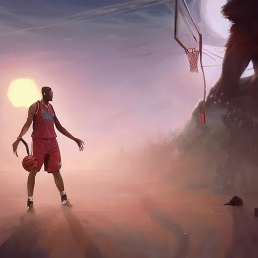 Image similar to highly detailed basketball player, in gta v, stephen bliss, unreal engine, fantasy art by greg rutkowski, loish, rhads, ferdinand knab, makoto shinkai and lois van baarle, ilya kuvshinov, rossdraws, tom bagshaw, global illumination, radiant light, detailed and intricate environment