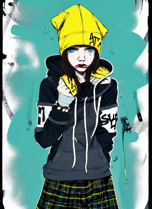 Prompt: highly detailed portrait of a sewer punk lady student, blue eyes, tartan hoody, hat, white hair by atey ghailan, by greg tocchini, by kaethe butcher, by alex horley, gradient yellow, black, brown and cyan color scheme, grunge aesthetic!!! ( ( graffiti tag wall flat colour background ) )