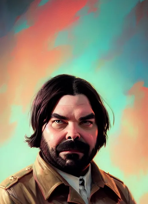 Image similar to highly detailed portrait of matt berry as jackie daytona, what we do in the shadows, unreal engine, fantasy art by greg rutkowski, loish, rhads, makoto shinkai and lois van baarle, ilya kuvshinov, rossdraws, tom bagshaw, global illumination, radiant light, detailed and intricate environment