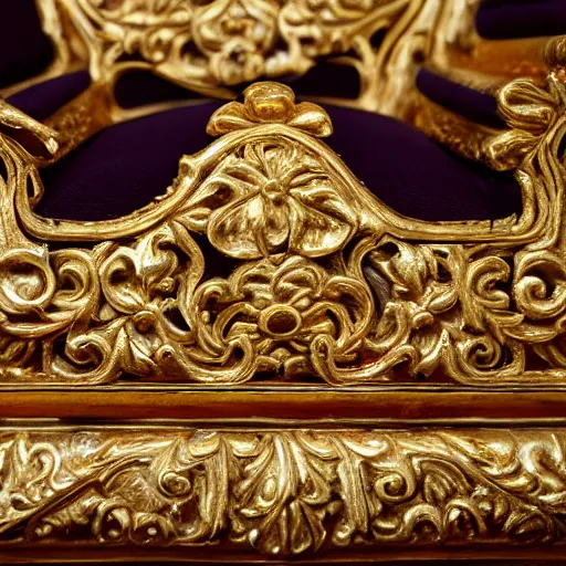 Image similar to photo of a barock chair with gold ans ornament, 8k , hyperrealistic details