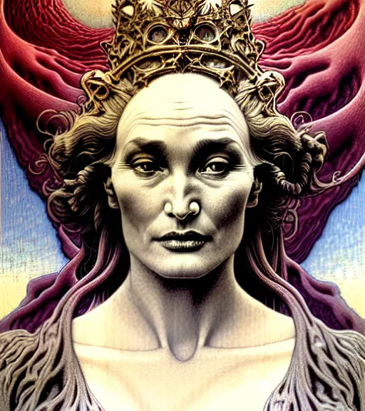 Image similar to detailed realistic beautiful young jessica lange as queen of mars face portrait by jean delville, gustave dore and marco mazzoni, art nouveau, symbolist, visionary, gothic, pre - raphaelite. horizontal symmetry by zdzisław beksinski, iris van herpen, raymond swanland and alphonse mucha. highly detailed, hyper - real, beautiful