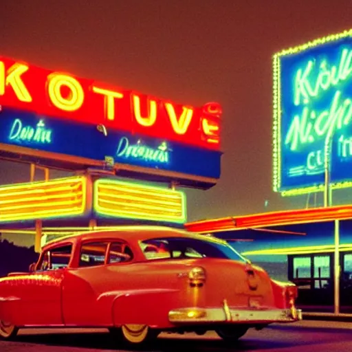 Prompt: kodachrome color photograph of a 1 9 5 0 s drive - in diner at night, neon - lights, googie architecture, americana