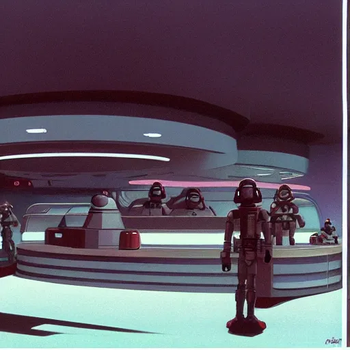 Prompt: ralph mcquarrie concept art of a futuristic mcdonalds. a space station is seen off in the distance with various droids and people walking in the foreground. a trooper is seen holding a brown mcdonalds bag.