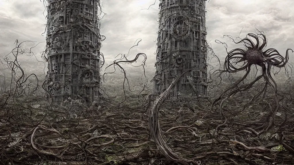 Image similar to bio-organic detailed tower building with tendrils and a giant Eyeball!!! at the top, looking over a stormy post-apocalyptic wasteland, dystopian art, wide lens