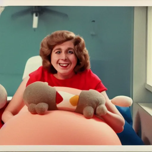 Image similar to happy woman who has given birth to a squishy inflatable toy, in hospital bed, 1974 color Fellini film, archival footage, technicolor film, 16mm, wacky children's tv with anthropomorphic animal