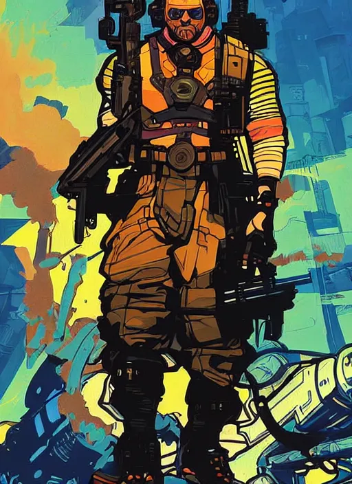 Image similar to vernon. buff cyberpunk mercenary. portrait illustration, pop art, splash painting, art by ashley wood, alphonse mucha, laurie greasley and josan gonzales ( apex legends )