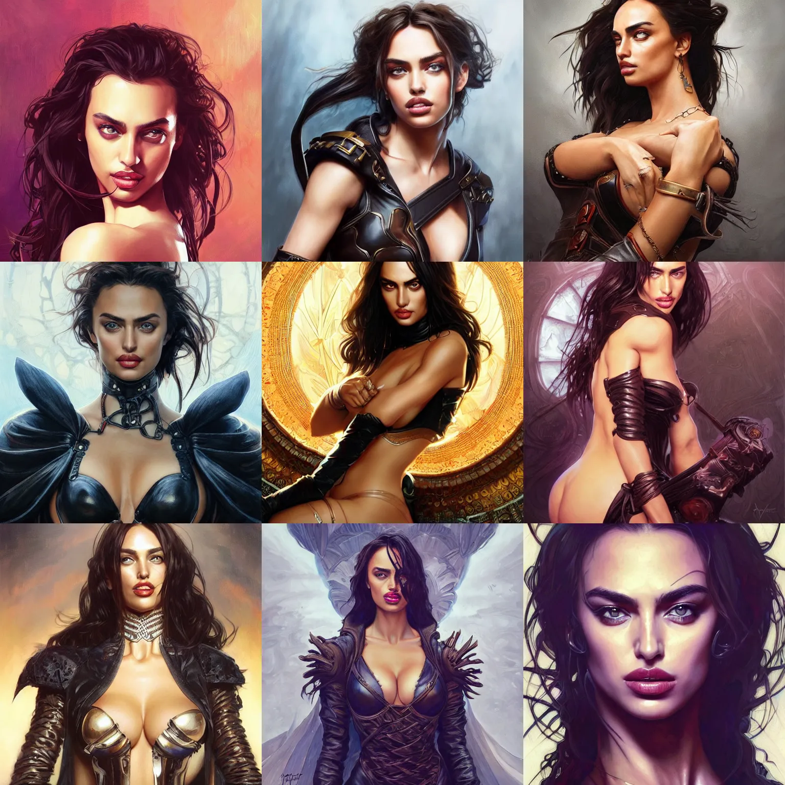 Prompt: portrait of irina shayk, dark fantasy, leather, trending on artstation, smooth, illustration, art by artgerm and greg rutkowski and magali villeneuve and alphonse mucha and frank frazetta