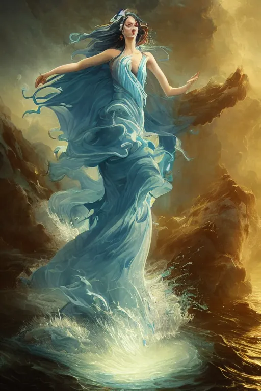 Image similar to beautiful powerful water goddess clothed in a flowing blue gown strides through a stormy sea, detailed matte fantasy portrait, dynamic lighting, bokeh backdrop, by greg rutkowski, by peter mohrbacher, by brom