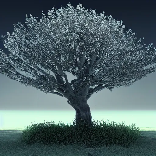 Image similar to a beautiful tree, religious delusion communities and cults the next few minutes, four light that had been released sculpture, structure, ray trace 4 k