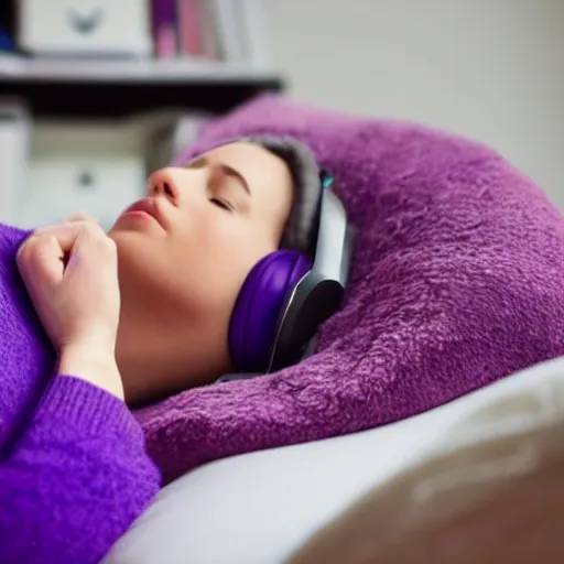 Prompt: beautiful purple - haired female sleeping at computer, wearing headphones, snoring