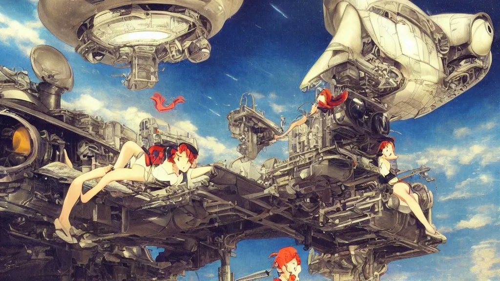 Prompt: a film still of a 1 9 5 0's mechanic anime girl sitting on top of flying ufo landing in hangar of giant ufo spaceship, sharp focus, finely detailed features, full body mid shot, perfect art, trending on pixiv fanbox, painted by gaston bussiere, makoto shinkai, akihiko yoshida, gaston bussiere, craig mullins