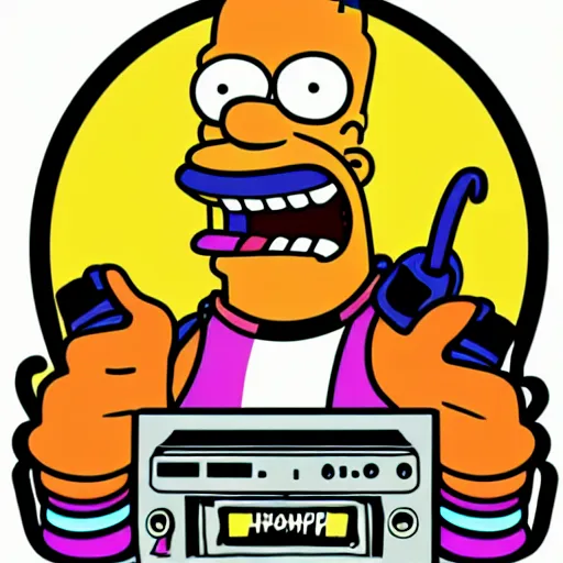 Image similar to svg sticker of a Homer-Simpson at a rave, spinning records, giant headphones rocking out, wearing headphones, huge speakers, dancing, rave, DJ, spinning records, digital art, amazing composition, rule-of-thirds, award-winning, trending on artstation, featured on deviantart