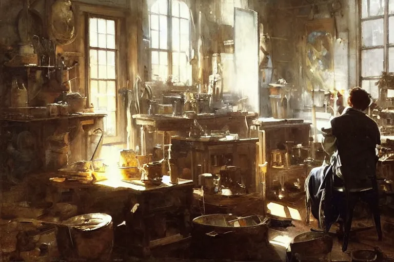 Prompt: oil painting of potter working on a beautiful piece in their workshop, art by anders zorn, wonderful masterpiece by greg rutkowski, beautiful cinematic light, american romanticism by greg manchess, jessica rossier and norman rockwell