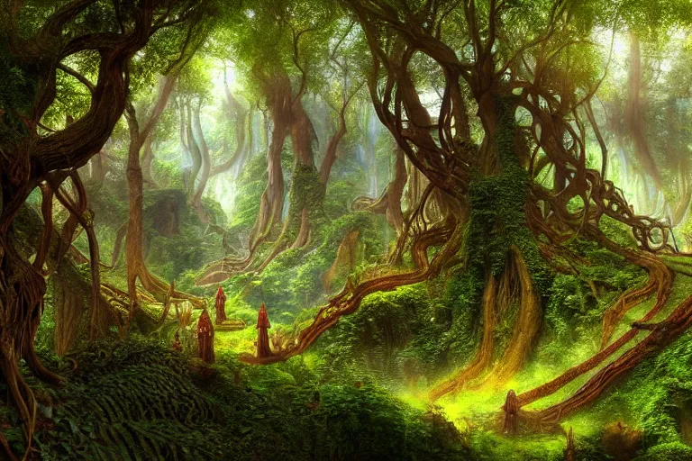 Image similar to a beautiful and highly detailed digital painting of an elven temple in a lush valley in mirkwood forest, psychedelic patterns, intricate details, epic scale, 8 k, sharp focus, photorealism, artstation, cgsociety, by caspar friedrich, albert bierstadt, james gurney, brian froud,