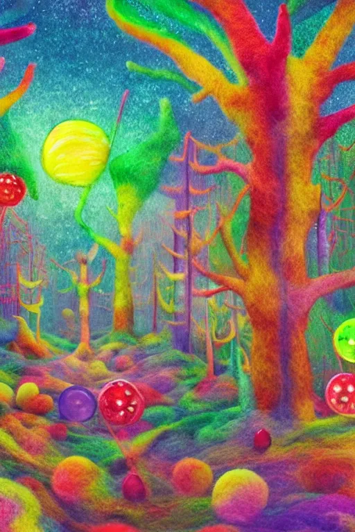 Prompt: a matte digital painting of a candy forest at night, bokeh, bright colours, watercolor, volumetric wool felting, macro photography, children illustration, by alex grey