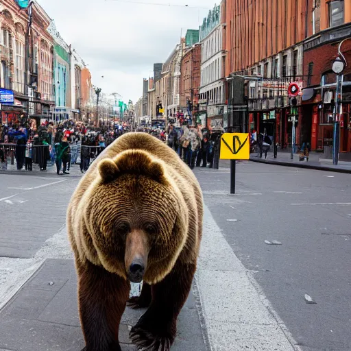 Image similar to brown bear walking down O'Connell street in Dublin, Ireland, hidden camera, photograph, 8k