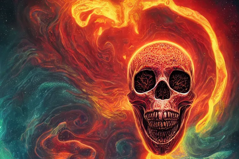 Image similar to a giant skull with intricate rune carvings and red eyes with lovecraftian tentacles emerging from a space nebula by dan mumford, smoke trails, digital art, photorealistic, vivid colors, highly detailed, intricate