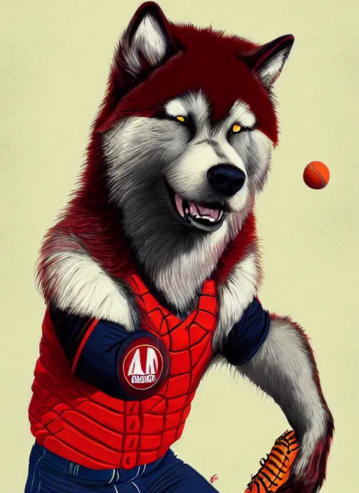 Image similar to commissioned full body portrait of a male anthro aslakan malamute with red fur playing baseball in a baseball stadium wearing a baseball uniform, by Kilian Eng, by Sandra Chevrier, trending on artstation