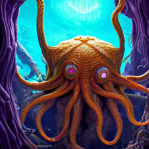 Image similar to cthulhu, expressive eyes, floating, rbc, radiolaria, protophyta, micro - organisms, center frame, symmetric, rim light, marine microbiology, bioluminescence, electric, fur, soft, concept art, intricate details, highly detailed, colorful, photorealistic, disney pixar, octane render,