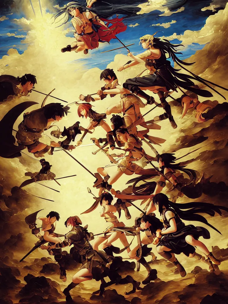 Prompt: baroque oil painting of key visual portrait full body of ninja girls fighting angels in holy crusader armor, brutalist fantasy, rule of thirds golden ratio, fake detail, trending pixiv fanbox, acrylic palette knife, style of makoto shinkai ghibli takashi takeuchi yoshiyuki sadamoto jamie wyeth james gilleard greg rutkowski chiho aoshima