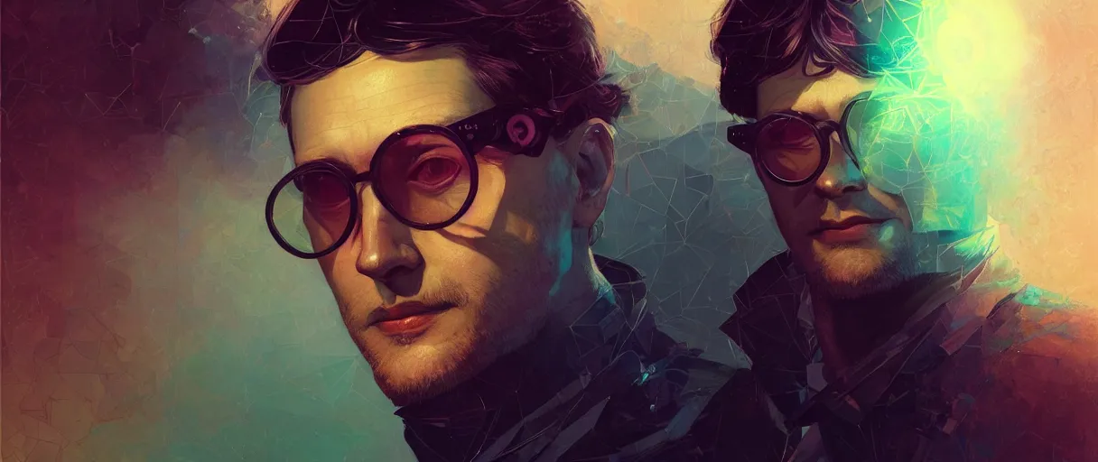Prompt: portrait of erwin shrodinger wearing cricle glasses with abvstract waves background - volumetric lighting - art, by wlop, james jean, victo ngai! muted colors, very detailed, art fantasy by craig mullins, thomas kinkade cfg _ scale 8