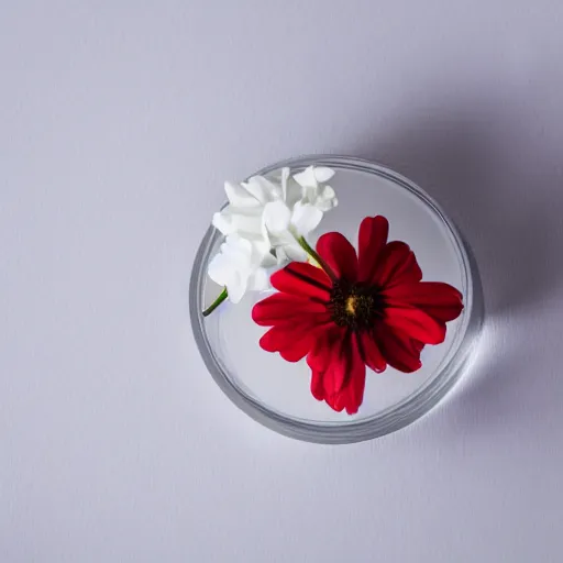 Prompt: perfume bottle sitting on a white surface surrounded by a plethora of red and white flowers, bright white realistic, up close shot, white background, zen, light, modern minimalist f 2 0