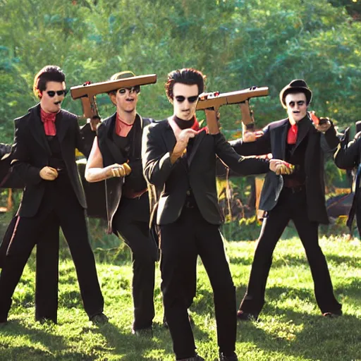 Image similar to <photograph lighting=bright rating=high>Vampires Dancing In the Sun Holding Guns</photograph>