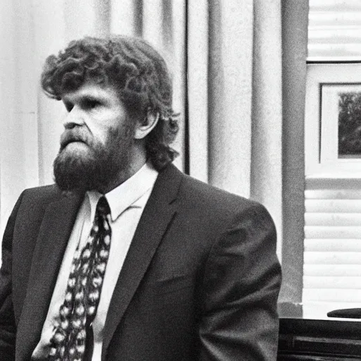 Prompt: a photograph of the unabomber wearing a suit in the oval office