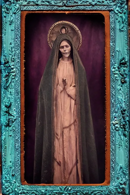 Image similar to tintype full body view, virgin mary in dia de muertos dress and make up, horrific beautiful vibe, evocative, atmospheric lighting, painted, intricate, highly detailed,