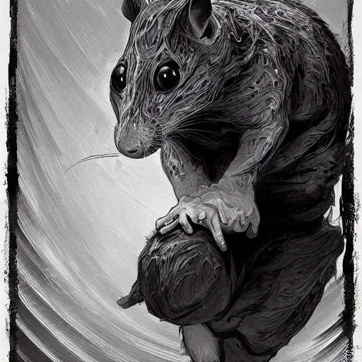 Image similar to masterpiece painting of a black and white spotted antropomorphic bizarre human rat highly detailed, digital painting, artstation, concept art, smooth, sharp focus, illustration, art by artgerm and greg rutkowski and alphonse mucha