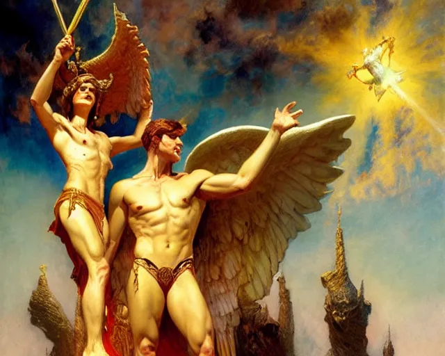 Image similar to gallant male deity, casting angelic magic, summoning regal lucifer morning star, as they negotiate over the earthly realm, highly detailed painting by gaston bussiere, craig mullins, j. c. leyendecker, tom of finland