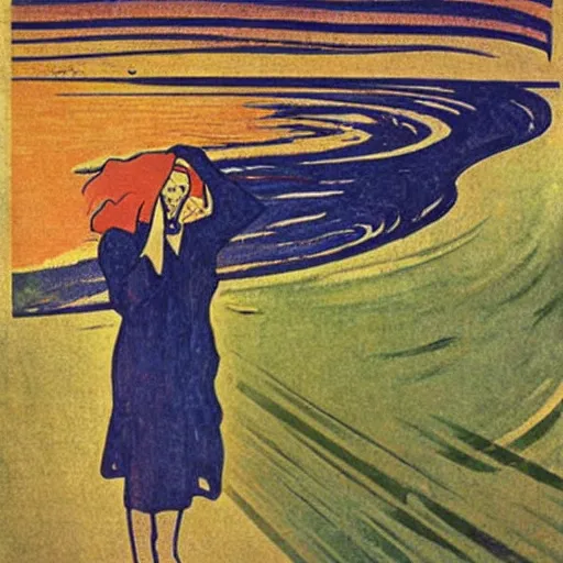 Image similar to the munch scream on a beach during a thunderstorm, poster art by mucha