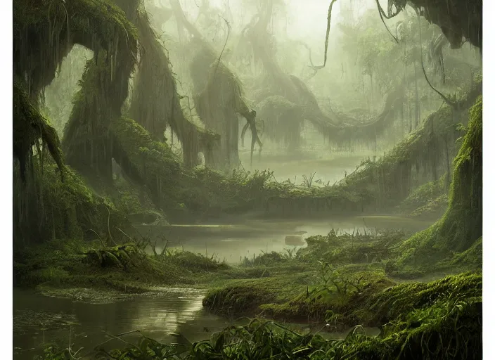 Image similar to matte painting of a huge swamp, overgrown with lush vines, immaculate scale, greg rutkowski, digital art, trending on artstation, detailed matte painting