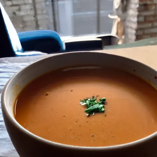 Prompt: a soup is sitting in the office