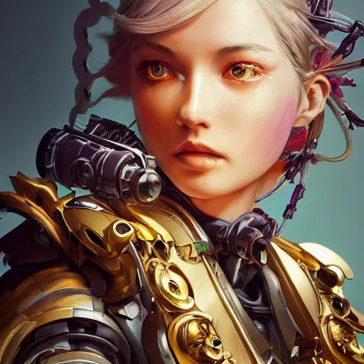 Image similar to studio portrait of lawful good colorful female holy mecha paladin absurdly beautiful, elegant, young sensual graceful woman, ultrafine hyperrealistic detailed face illustration by kim jung gi, irakli nadar, intricate linework, sharp focus, bright colors, matte, octopath traveler, final fantasy, unreal engine highly rendered, global illumination, radiant light, intricate environment