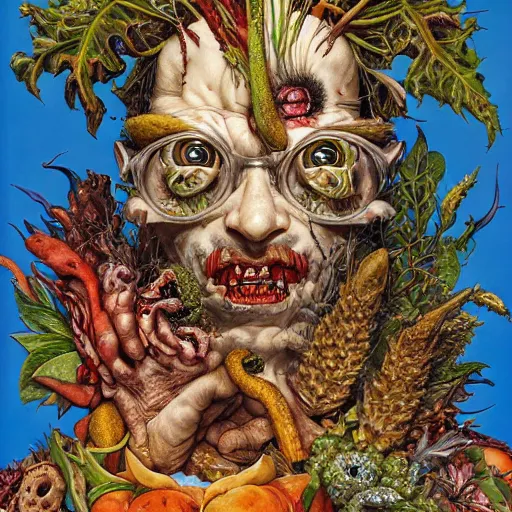 Image similar to portrait of crazy giuseppe arcimboldo, symmetrical, by yoichi hatakenaka, masamune shirow, josan gonzales and dan mumford, ayami kojima, takato yamamoto, barclay shaw, karol bak, yukito kishiro