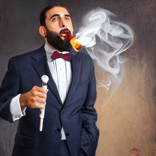 Prompt: a portrait painting of an arab man wearing a suit, smoking hookah, mid shot, medium photograph, photorealistic