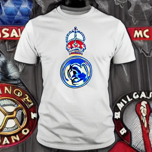 Image similar to A wolf with a crown on his head and a Real Madrid shirt, detailed